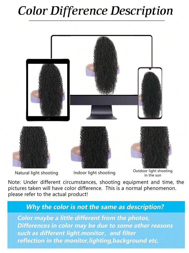 Synthetic Wigs Black 20-inch Drawstring Ponytail Deep Curly Heat Resistant Ponytail Extension Afro Style Kinky Curly Hair Pieces for Women