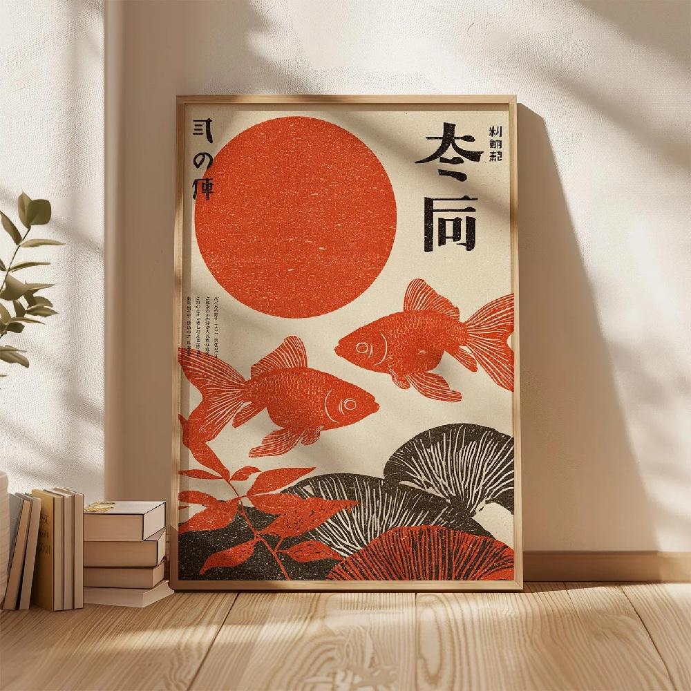 Japanese Fun Koi Fish Puffer Canvas Wall Art, Vintage Ukiyo-e Style Print, Home Izakaya Restaurant Decor-frameless