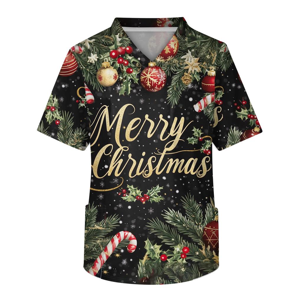 Мужской топ с коротким рукавом, V-образным вырезом, рождественским принтом и нагрудным карманом