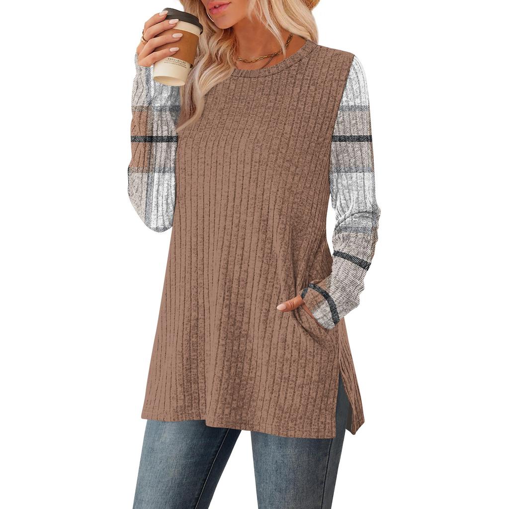 Women's Striped Printed Round-neck Long-sleeved Top With Pockets And Side Slits