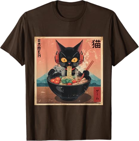 Cute Kawaii Gamer Cat Funny RaUnisex Retro Japanese Cat Gaming TShirt Y2k Kitty Controller Cartoon Graphic Tees Kitten Eat Noodles