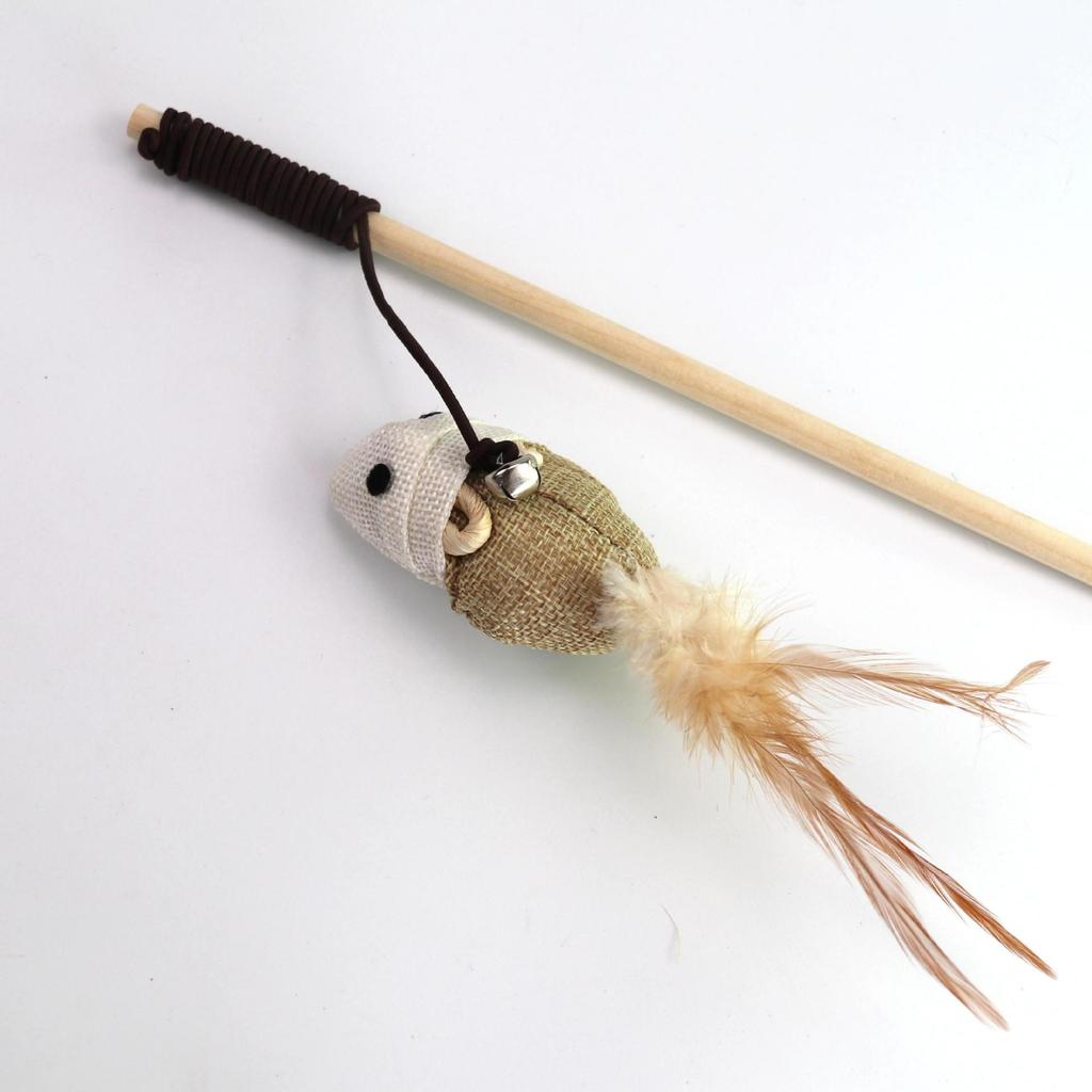 Cat Teaser Toy: Wooden Pole with Feather, Bell, and Mouse for Interactive Self-Entertainment