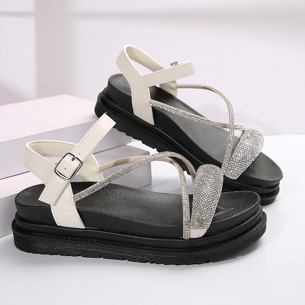 Новые однотонные женские сандалии со стразами, хит продаж, летние женские сандалии до середины икры с ремешком для девочек, новые модные женские пляжные сандалии среднего размера
