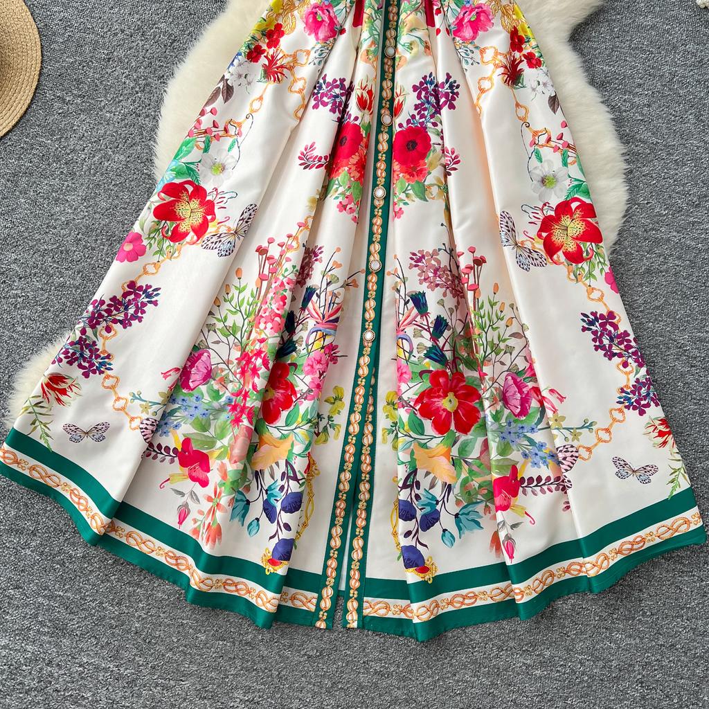 Summer Women Turn-down Collar Vintage Print Runway Dress Sleeveless Long Maxi Party Dresses with Belt