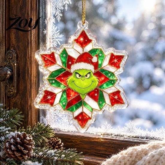 Double Sided Printed Baubles Green Elf Christmas Ornament, 2D Acrylic Red Bell Tree Candy Cane Gift Box Xmas Hanging Charms Shaped Decoration