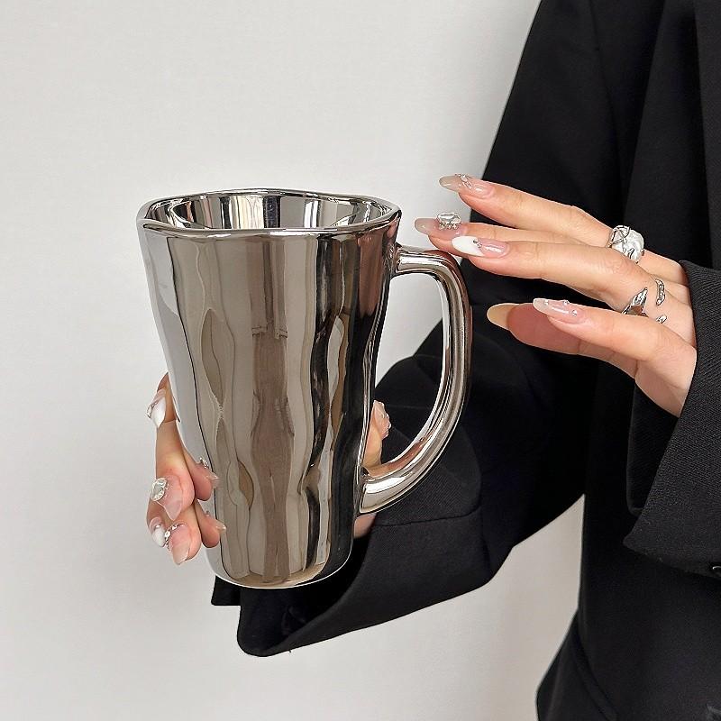 Silver Coffee Mug With Handle Stylish Milk Cup Polished Stainless Steel For Office Home Everyday Use
