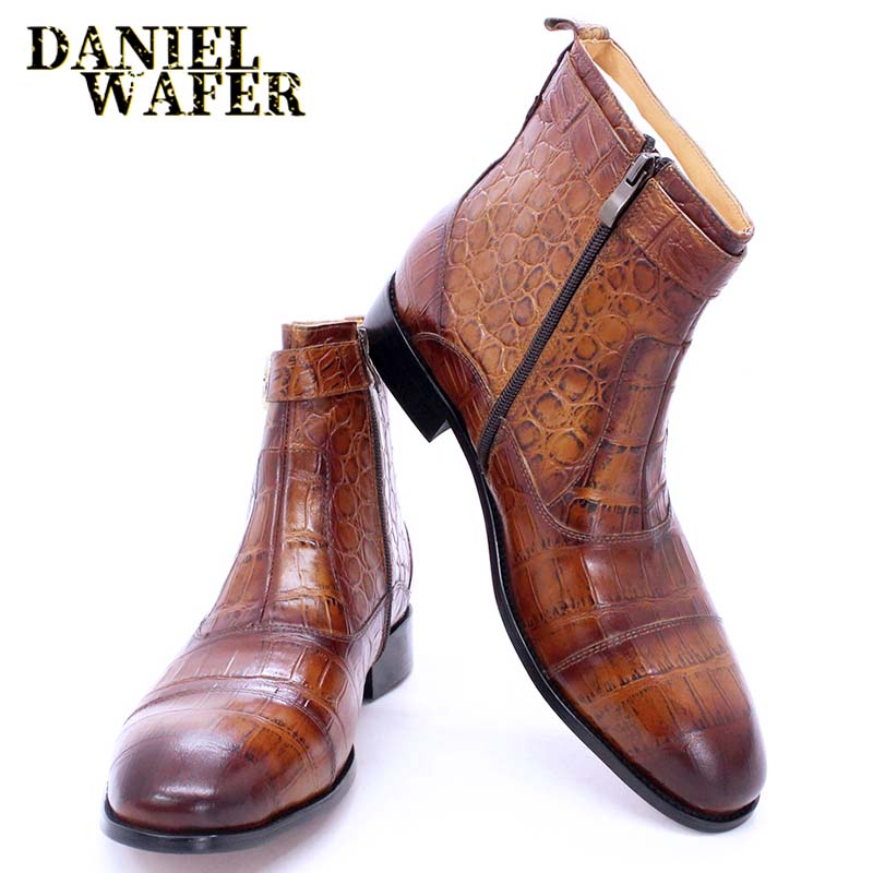 Роскошные ботильоны мужские туфли черные коричневые синие с принтом крокодила натуральная кожа молния пряжка свадебные офисные челси мужские