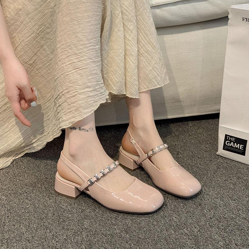Mary Jane Baotou Sandals Women's 2025 Spring and Summer New Square Head Coarse Heel Middle Heel Versatile Rear Empty Diamond with Cool Slippers Women