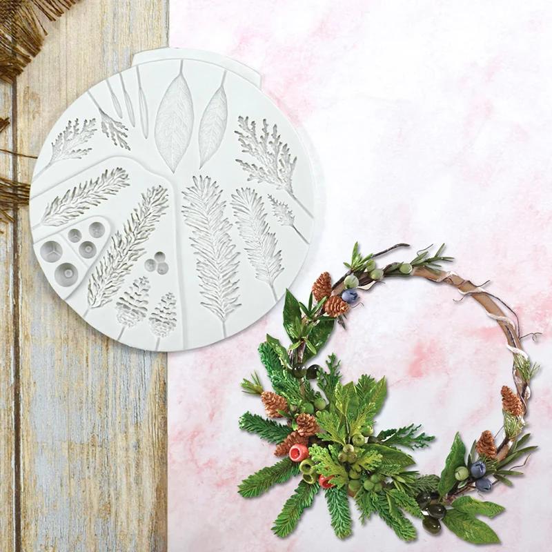 Силиконовая форма для сахарного ремесла, лист, новогодняя елка, шишка, смоляные инструменты, кекс, помадка, торт, кружево, украшения, инструменты для выпечки