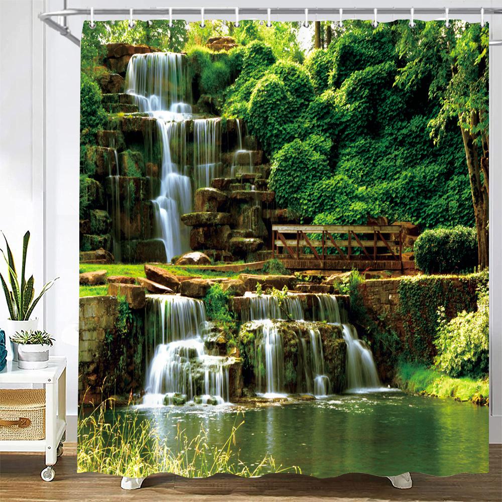 Modern 3D Printing Forest Shower Curtain Green Plant Tree Landscape Bath Curtain With Hooks For Bathroom Waterproof Scenery