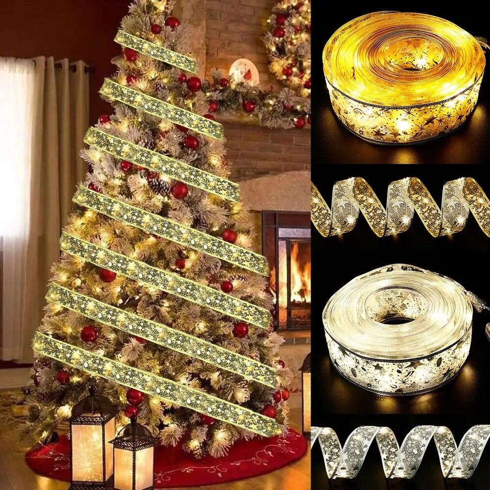 LED Ribbon Fairy Lights Christmas Tree Ornaments Lamp String Lights Lace Bow For Navidad Home New Year Christmas Decoration