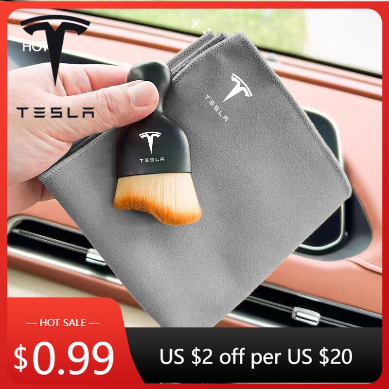 Sticker Tesla Car Towel Suede Double-sided Car Cleaning Cloth with Car Detail Cleaning Brush For Tesla Model S X Y 3 Roadste