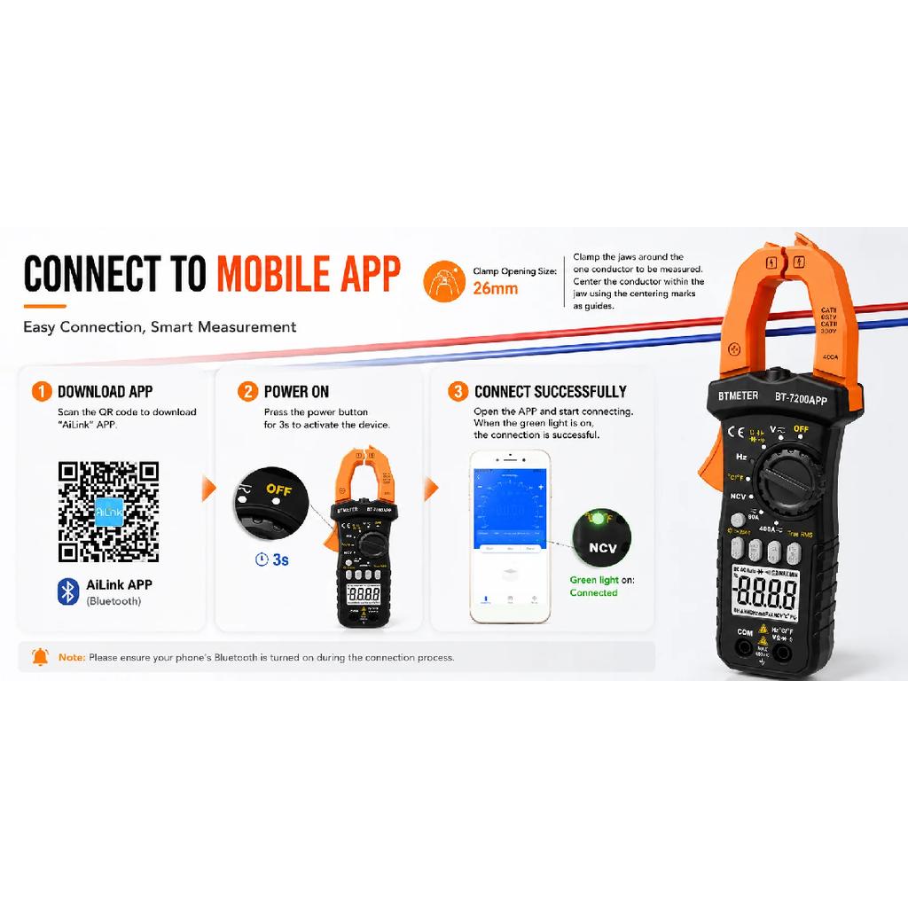 HP-7200-APP Bluetooth Clamp Meter, TRMS 6000 Counts Digital Multimeter, Non-contact AC DC Voltage Current Resistance Tester