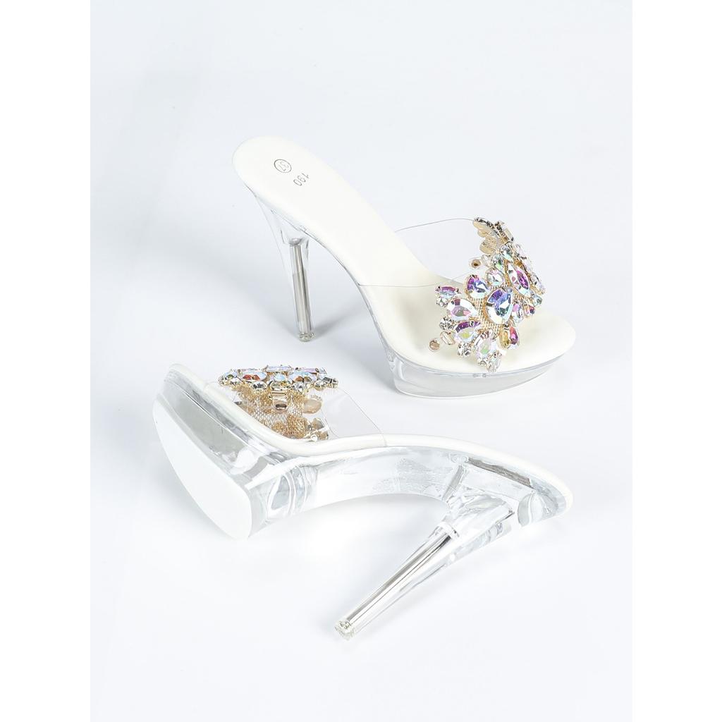 1099-Q17 Rhinestone Sexy High Heels 13CM Thin Heel Waterproof Table Slippers Transparent Crystal Shoes Wedding Shoes Banquet