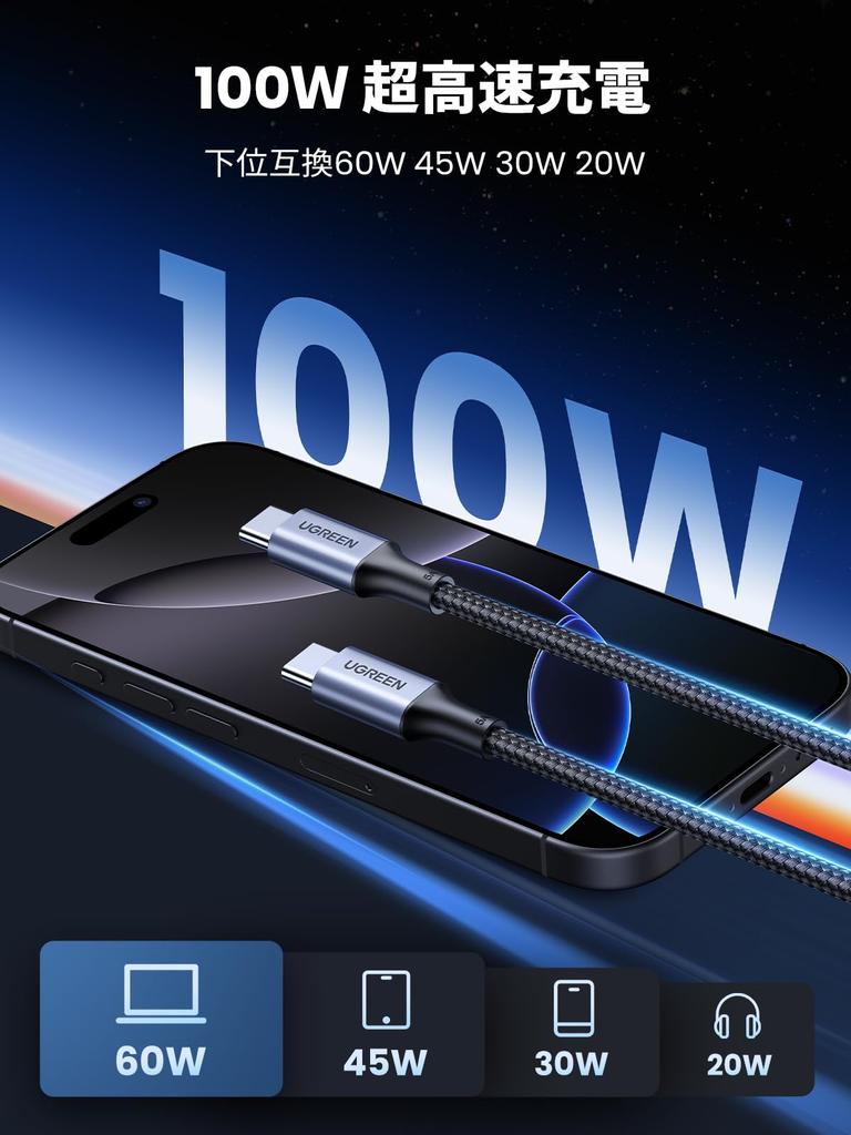 Ugreen USB PD USB Нейлон Совместимый с iPhone MacBook Galaxy и другими устройствами Кабель Type-C, Совместимый, 100 Вт/5 А Сверхбыстрая зарядка, C, Плетеный,