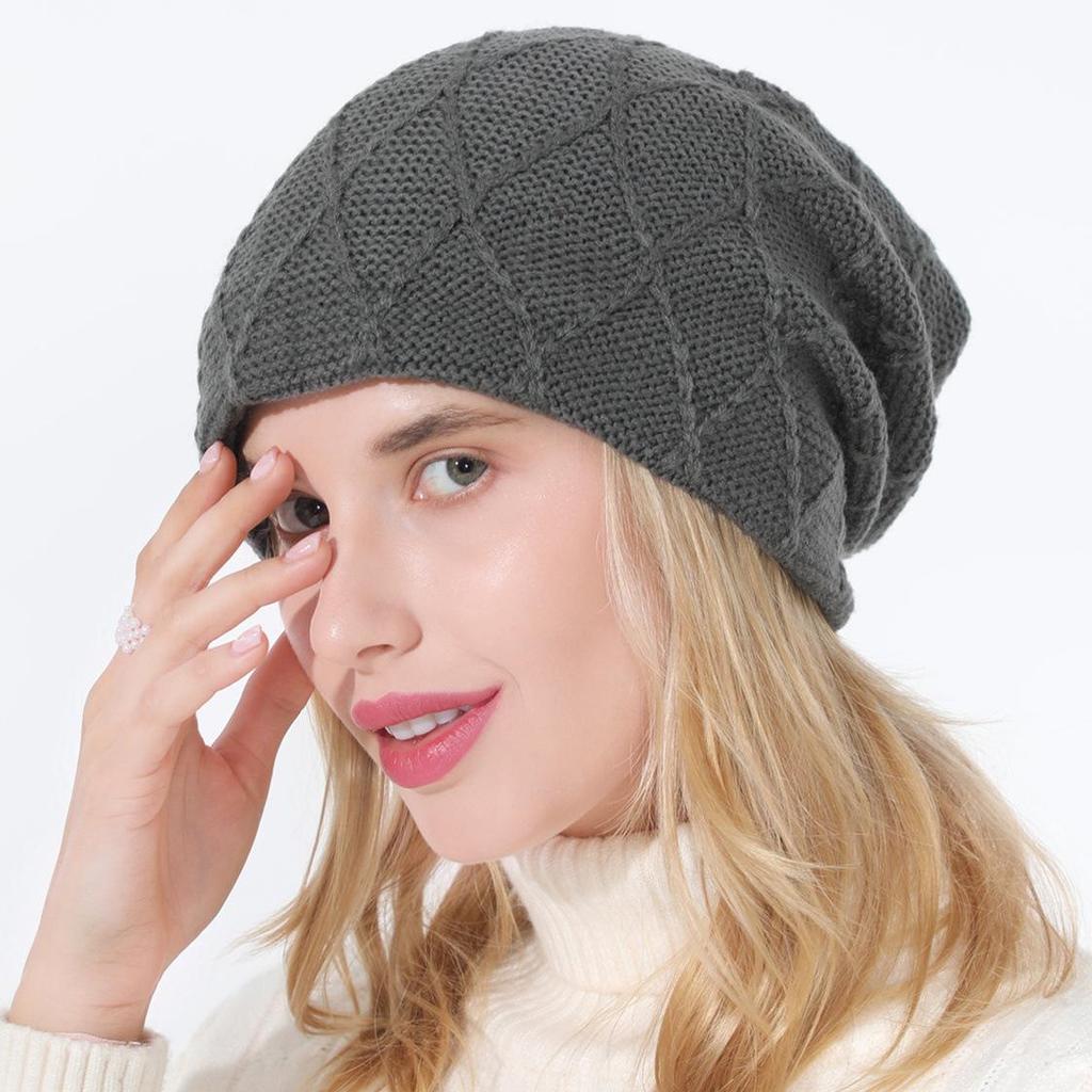 New Women's Knitted Pullover Hat Solid Color Mesh Diamond Plush Wool Cap Autumn Winter Ear Protection Pile Cap
