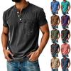 Мужская футболка-henley с коротким рукавом, нагрудным карманом, свободного кроя, с пуговицами на воротнике, хлопковый топ