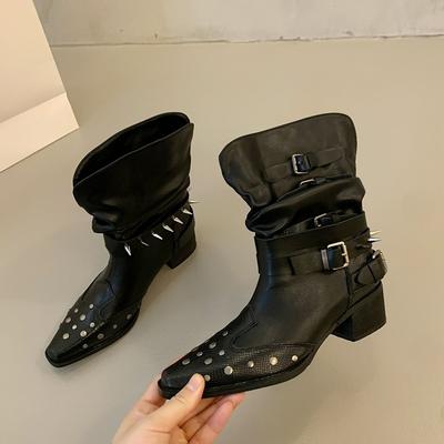 Модные ботильоны Весна и Осень Острый носок Заклепки Металлическая пряжка Противоскользящие Износостойкие Квадратный каблук Сапоги-чулки