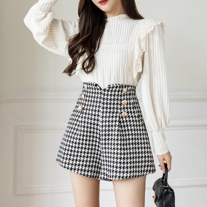 Shorts Women's High Waist Tweed A-line Casual Plaid Wide-leg Pants