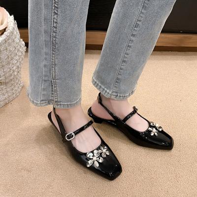 Модные сандалии Baotou Летние новые с квадратным носком, с неглубоким вырезом, с цветком из страз, с одной пряжкой, нескользящие, износостойкие, на каблуке-рюмочке