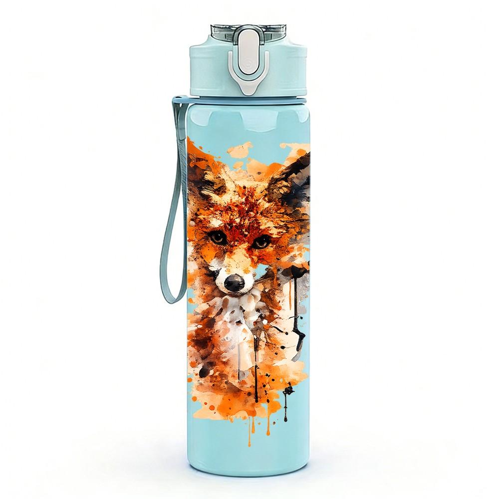 1PC Fox Watercolor Splash Art Print 750ml Color Plastic Sports Water Bottle Leakproof Flip Straw Lid Suitable for Sports Office Home Use