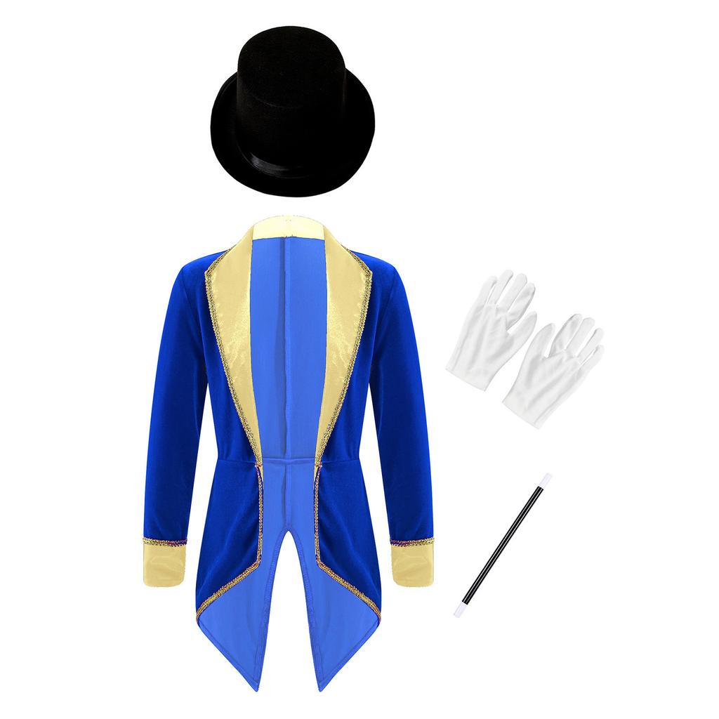 Girls Circus Costume Set Long Sleeve Lapel Tailcoat with Magic Wand Hat Gloves Halloween Dress Up Performance Outfit