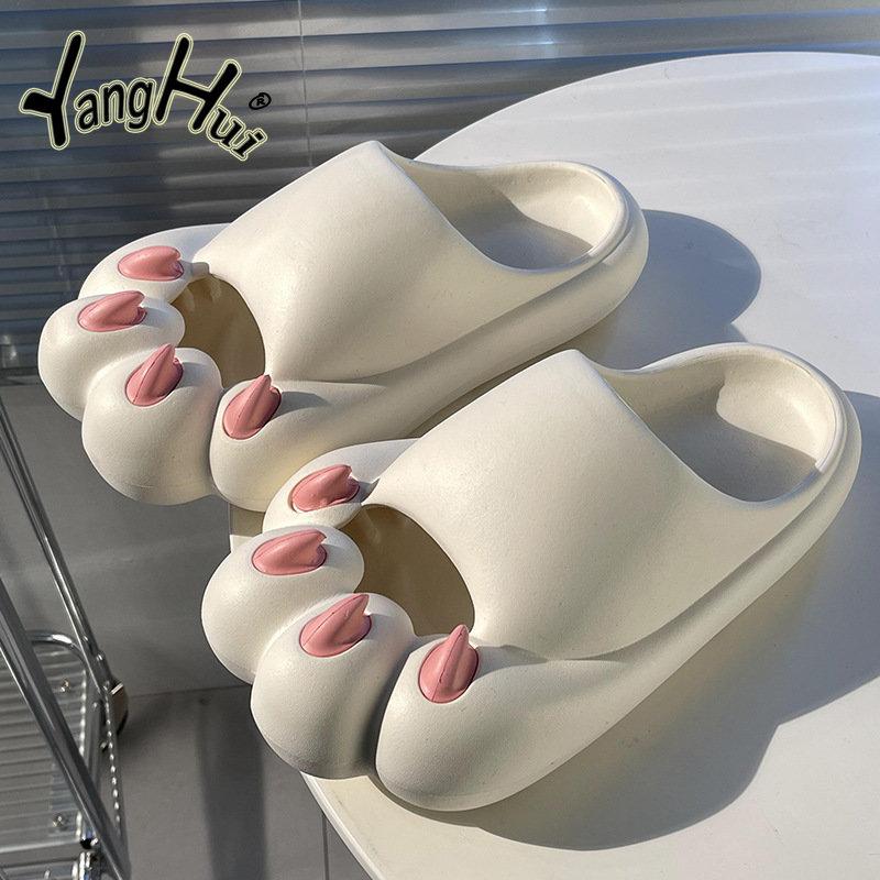 Cat Claw Design Toe Cap Flat Bottom Non-slip Women's Slippers 2024 Fashion Summer Cartoon Couple Sandals Bathroom Indoor Home