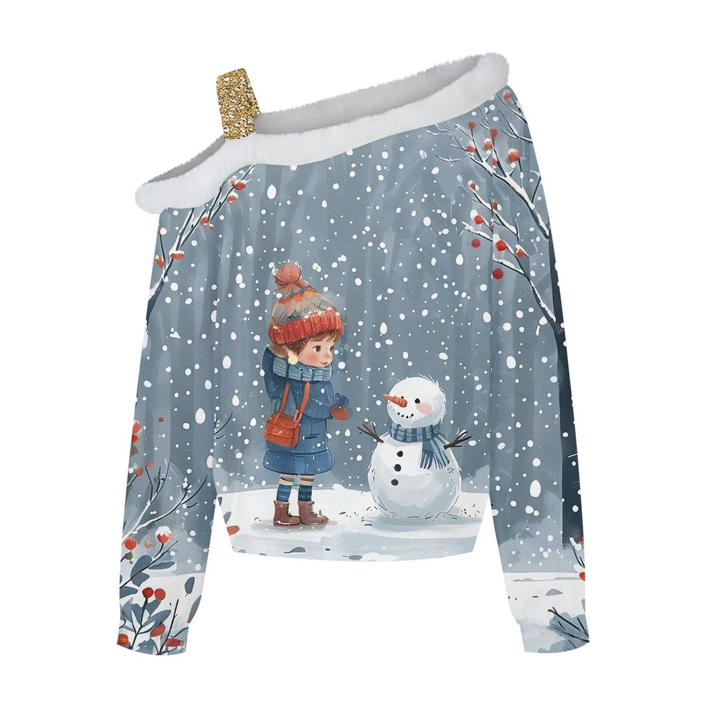 Женский повседневный свободный топ с длинными рукавами и рождественским принтом из плюша