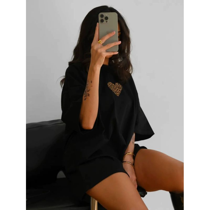 Fashion Wind New Arrival Loose Casual Heart Printing Cotton T-shirt Loose Printed Cotton T-shirt