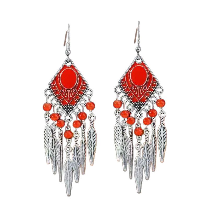 Vintage Ethnic Crystal Drop Oil Dangle Earring for Women Rhombus Leaf Tassel Earrings Vacation Style Jewelry Accessories