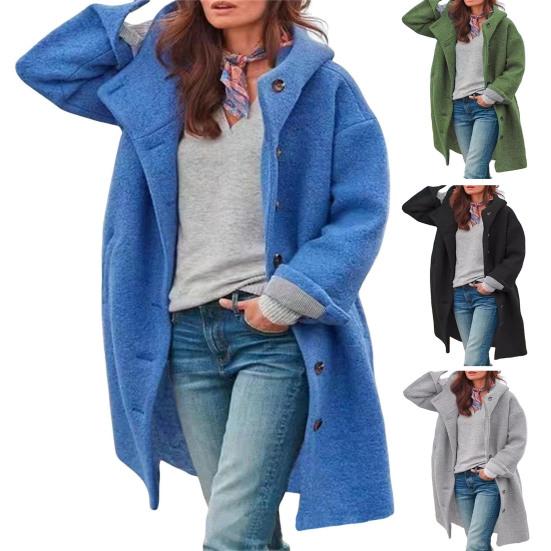 Women Coat Hooded Long Sleeve Buttons Placket Autumn Coat Solid Color Mid-length Casual Outerwear with Pockets