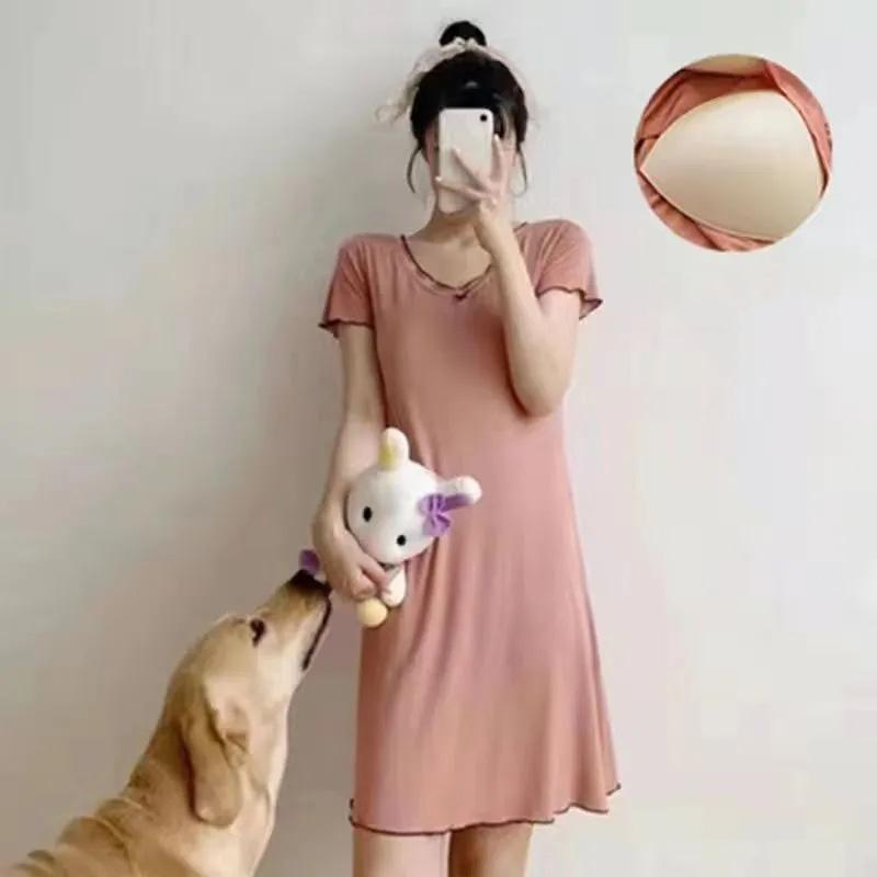 WTEMPO Ночная рубашка из модала с бюстгальтером, женская летняя тонкая свободная пижама с короткими рукавами, большие размеры, однотонная повседневная домашняя одежда