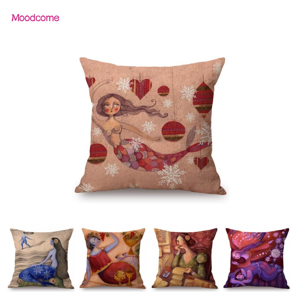 Abstract Elegant Lady Girl Cartoon Princess Queen Mermaid Lovely Dreamy Art Cotton Linen Sofa Pillow Case Linen Cushion Cover