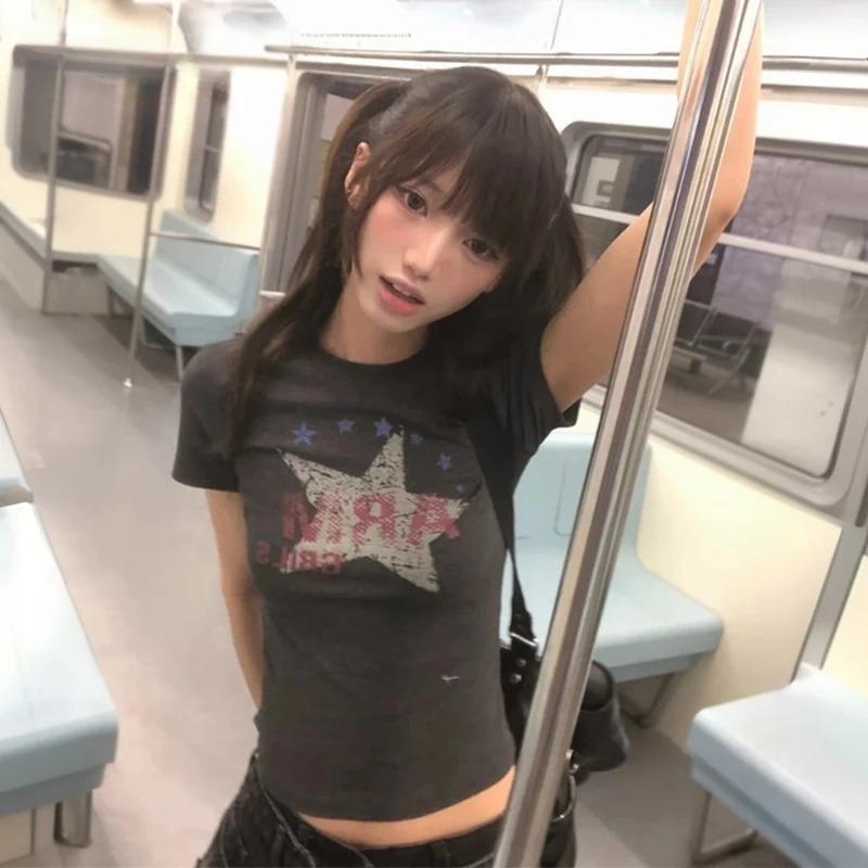 KOSY Y2k Japanese Print T-shirt Women Slim Short Sleeve Tee American Retro Vintage Graphic Tops Fairycore Tshirts