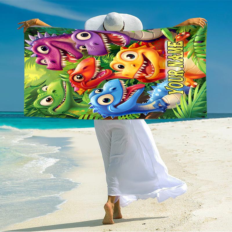 1PC Custom Name Dinosaur Adventure Jungle Beach Towel Highly Absorbent And Sand-Resistant Towel for Swimming, Pool, Yoga, And Travel Lightweight