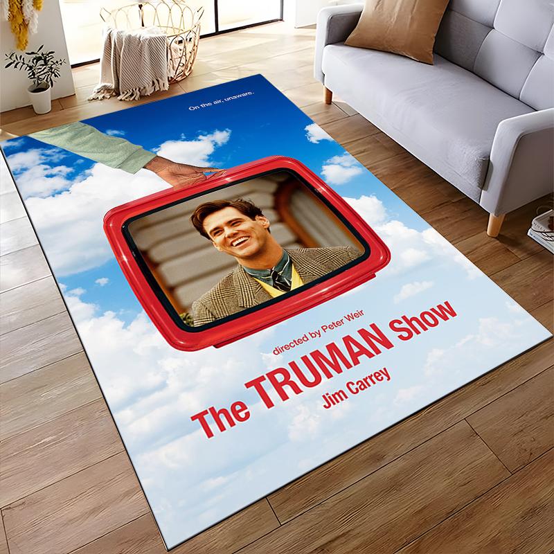 Smiling man inside TV against blue sky. Non-slip rug suitable for living room and bedroom sofas.