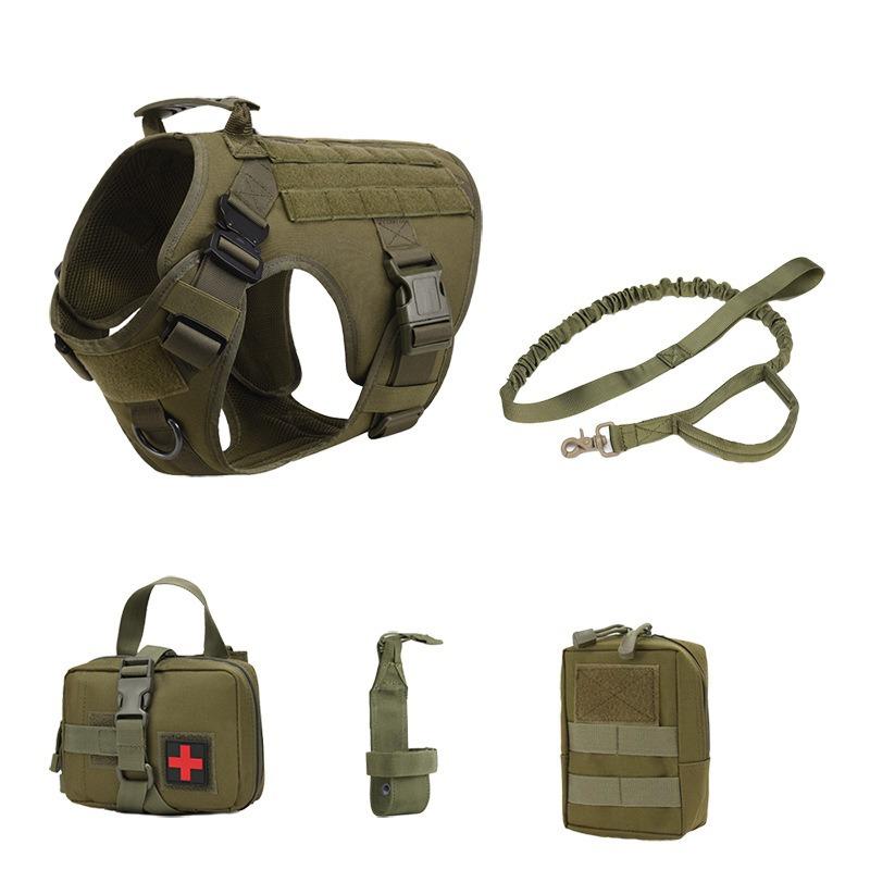 Outdoor tactical five-piece training dog strap leash dog suit adjustable water cup cover fanny pack storage bag