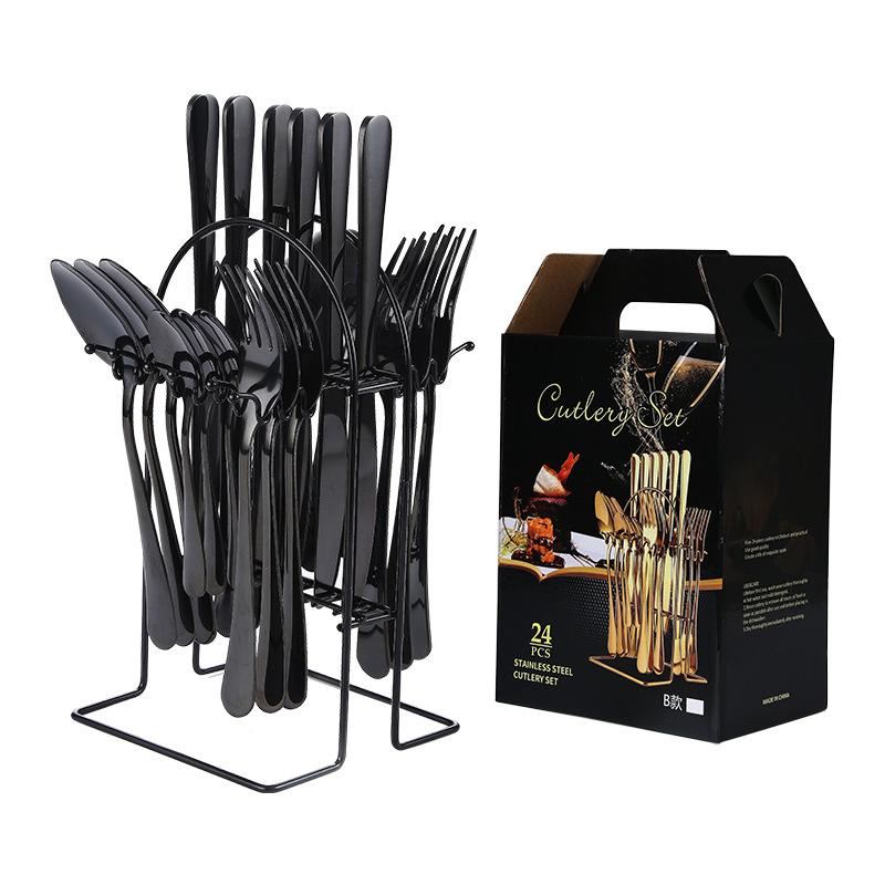 Stainless Steel Tableware 24 Pieces Suit Western Food Four Main Pieces Knife, Fork and Spoon with Storage Rack Gift Set Suit