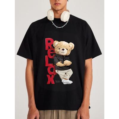 Графическая футболка Relax Bear Черный плюшевый мишка с красным текстом Relax Уличная мода Повседневная одежда для мужчин и женщин