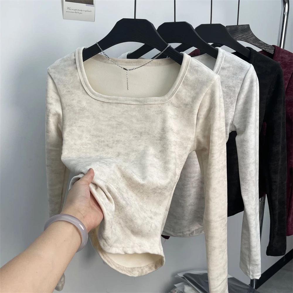 Женский топ с французским квадратным вырезом, tie-dye, утепленный, облегающий, с длинным рукавом - Новинка Осень/Зима