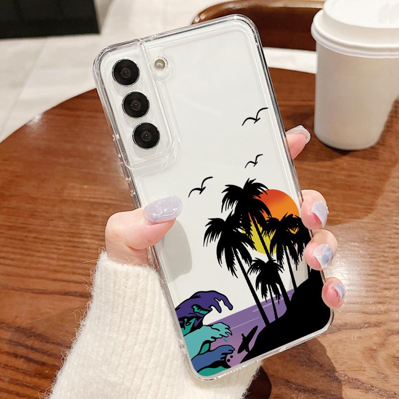 Креативный чехол с узором «Кокосовый закат» для Samsung S26 S25 Ultra S24 Plus S22 S23 S21 FE A54 A15 A35 A55 A16 A36 A56 A17 A37 A57 5G Прозрачный мягкий чехол