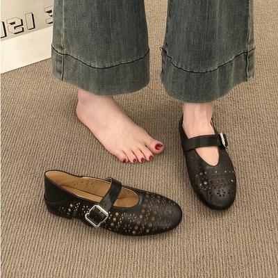 Версия из коровьей кожи~ 2025 весна и лето новые балетки с перфорацией дышащие маленькие кожаные туфли женские с круглым носом с мелким вырезом на плоской подошве для танцев