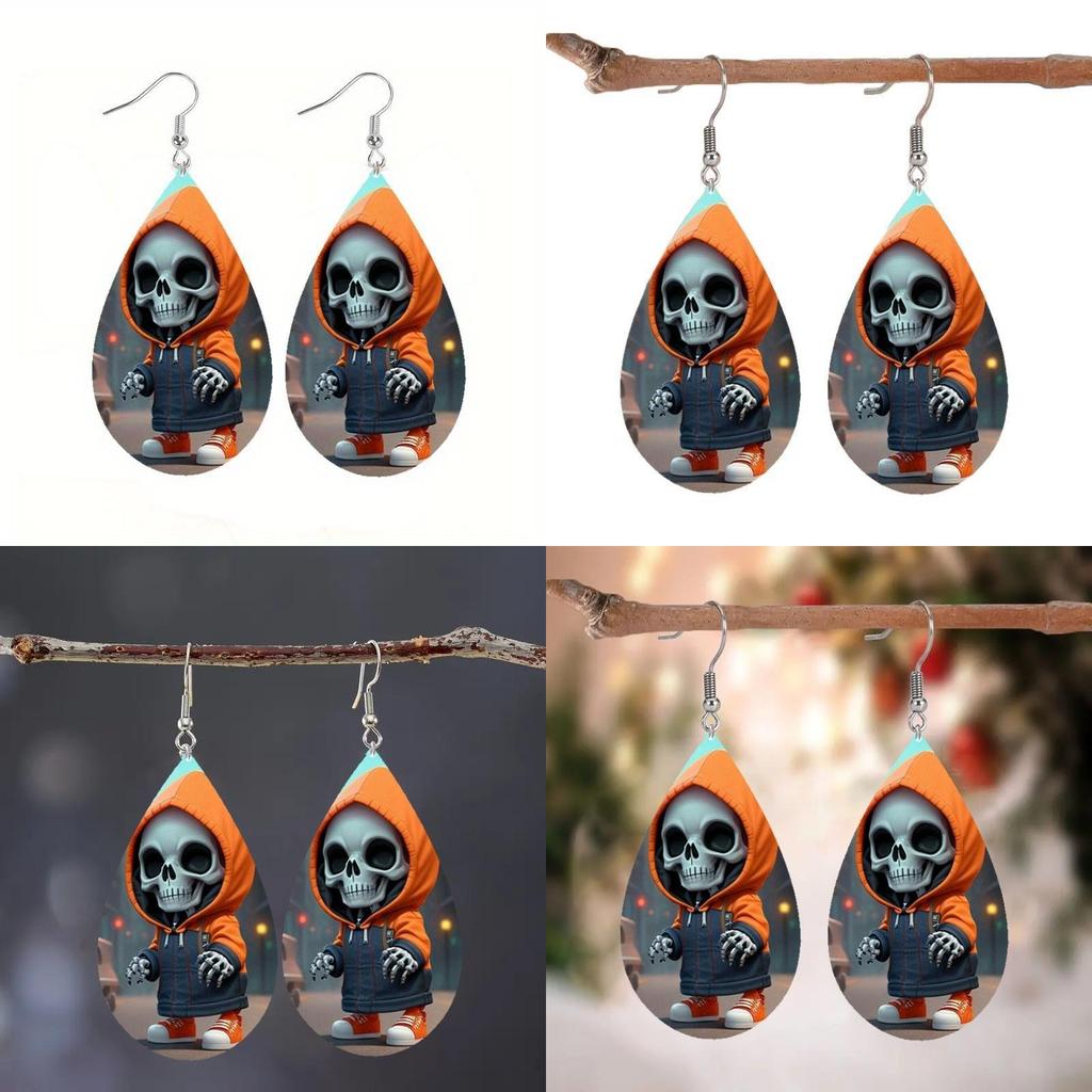 Hooded Themed Halloween Jacket Skull Pattern Droplet Shaped Earrings Acrylic