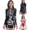 Halloween Women Dress Bloodstain Skeleton Spider Print V Neck Nurse Cosplay Long Sleeves Haunted House NPC Performance Costume