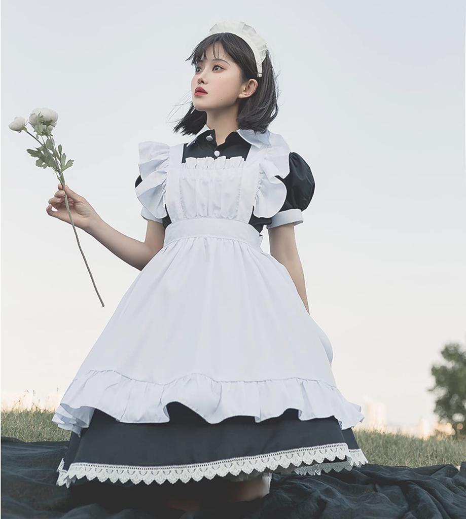 Леди Ленивая Лолита Горничная Косплей Короткий рукав Цельный фартук с рукавами-фонариками Юбка Лоли Оборка Костюм Фотография Милая Лоли Принцесса Аниме Кроссдрессинг