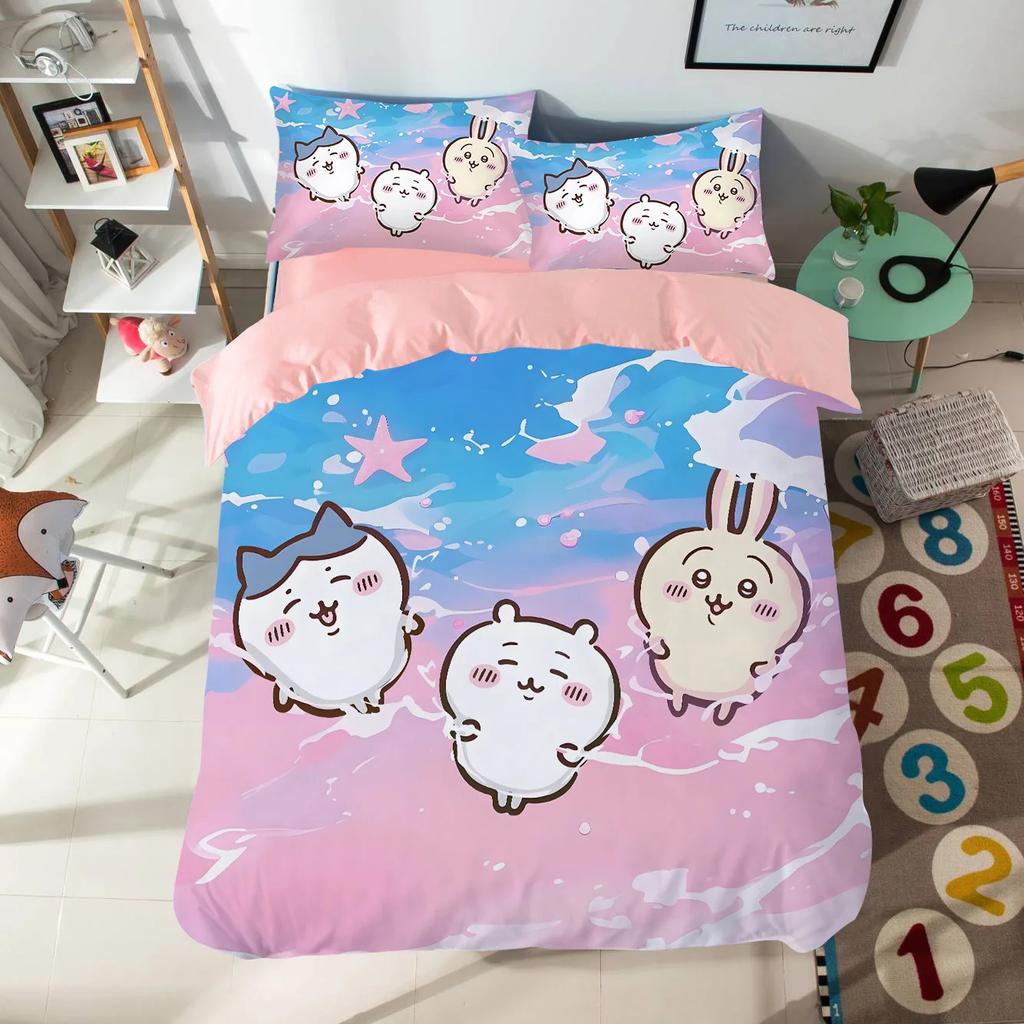 Мультяшный комплект постельного белья с милыми Чиикавами, красочный принт, полиэстер, для студенческого общежития, простыня, пододеяльник, детский подарок, домашний текстиль