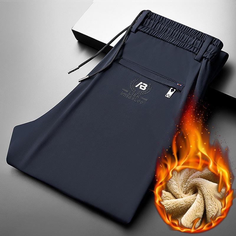 Men's Autumn/Winter Straight-Leg Stretch Pants - Thick, Elastic Waist, Loose-Fit Sports Trousers with Print