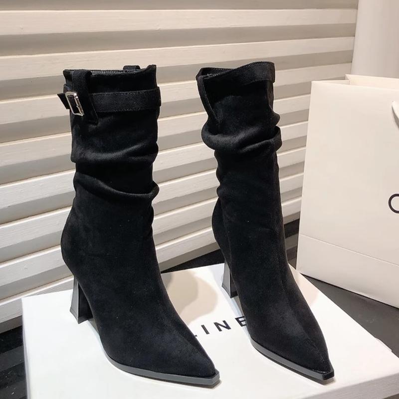 Модные женские ботильоны с острым носком, замшевые туфли на высоком каблуке, женская обувь 2025 года, зимнее элегантное платье, новые туфли-лодочки, ботинки челси, женские ботинки