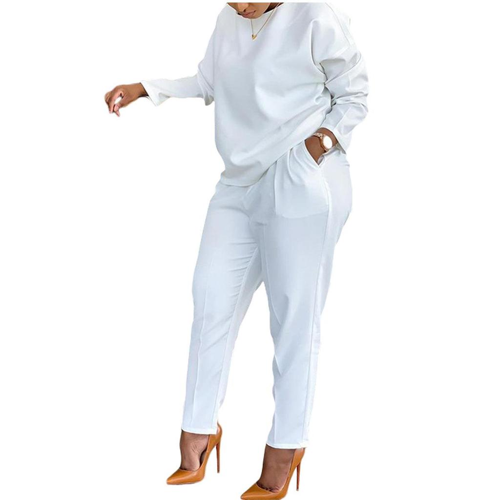 Женский комплект из двух предметов из плотной ткани Весна-Осень, Свободный топ с круглым вырезом и удобные брюки, Повседневный однотонный костюм для ежедневной носки