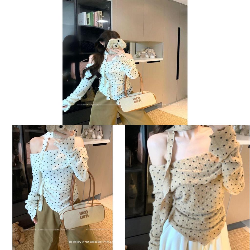Oversized Dot Print T Shirt With Oneshoulder Neckline And Embroidery For Women Spring